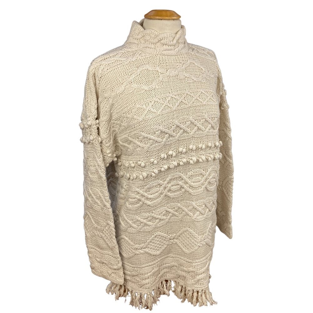 Vintage Style New York Hand Knit Chunky Cable Sweater Fisherman Fringe Coastal-M